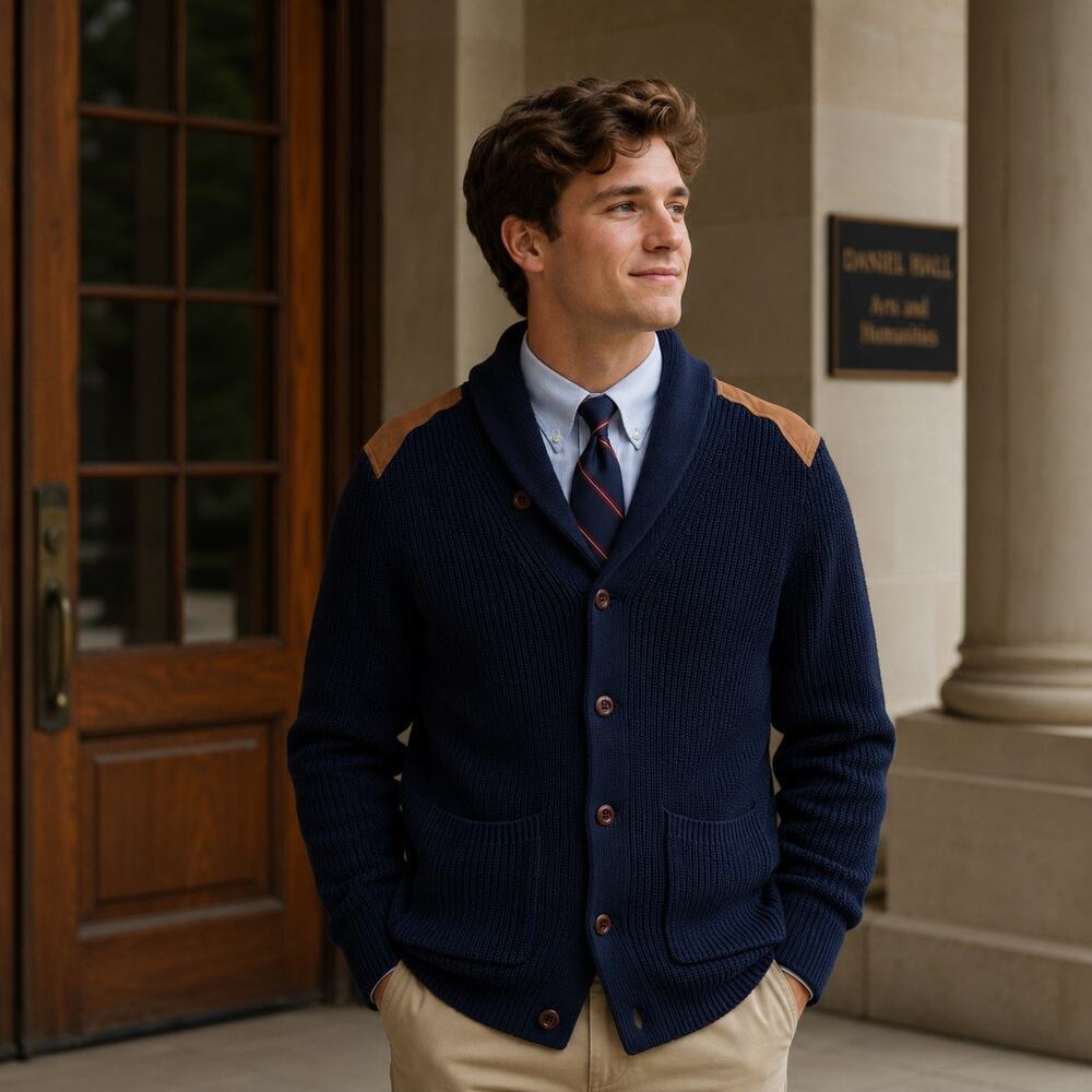 J.Crew navy shawl collar cardigan leather Suede shoulder patch Preppy Academia S